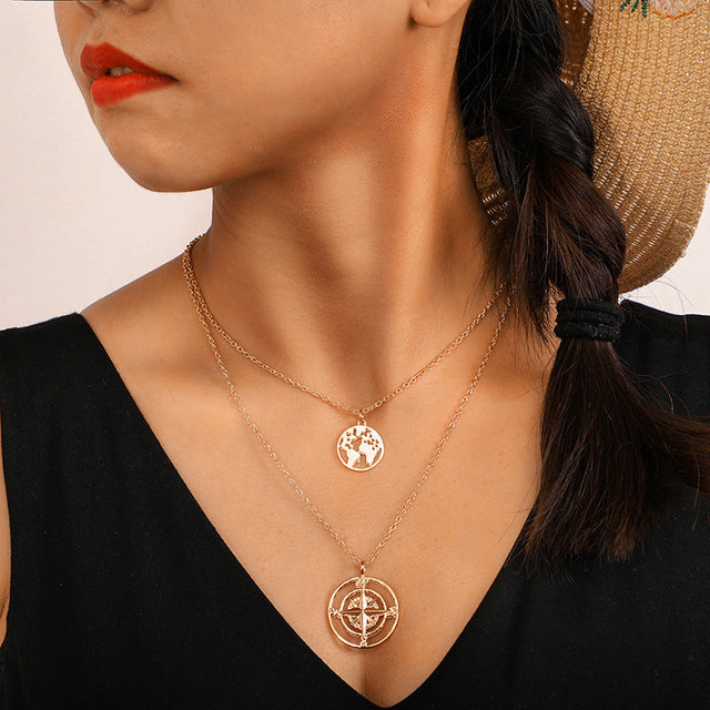 World Map Necklace Globetrotter Gold Map Pendant World Choker Map Crescent Moon Necklaces&Pendants Dainty Pendants For Women