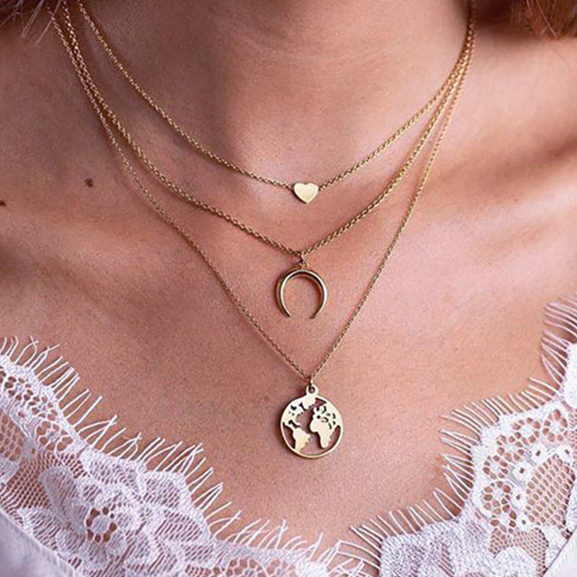 World Map Necklace Globetrotter Gold Map Pendant World Choker Map Crescent Moon Necklaces&Pendants Dainty Pendants For Women