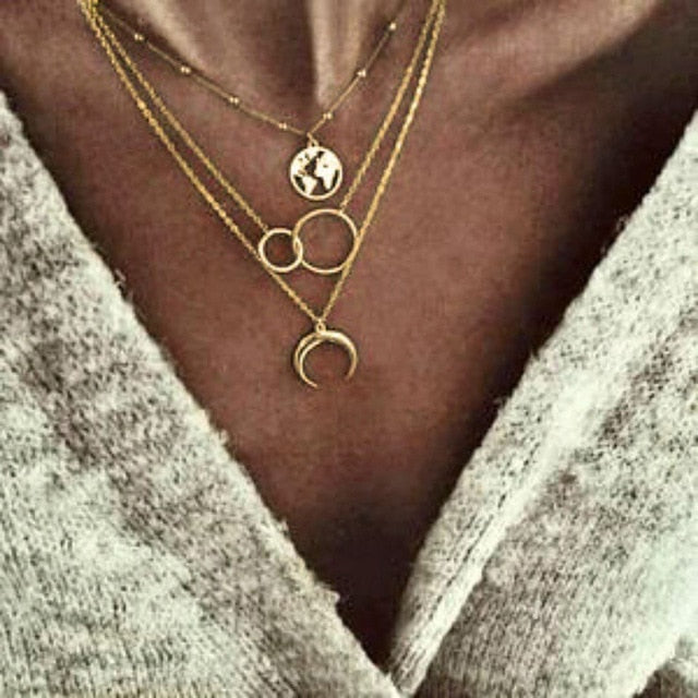 World Map Necklace Globetrotter Gold Map Pendant World Choker Map Crescent Moon Necklaces&Pendants Dainty Pendants For Women