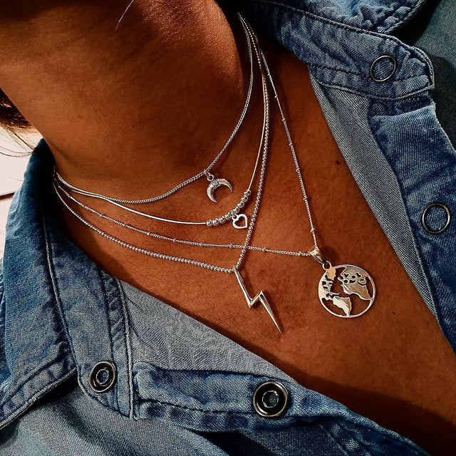 World Map Necklace Globetrotter Gold Map Pendant World Choker Map Crescent Moon Necklaces&Pendants Dainty Pendants For Women