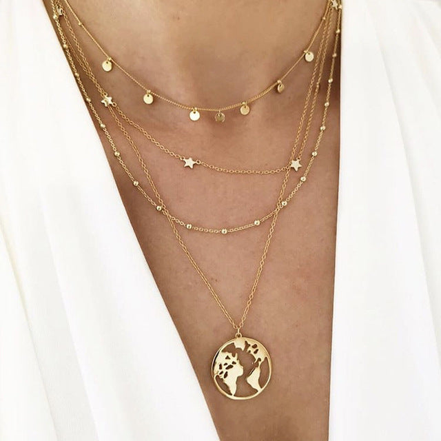 World Map Necklace Globetrotter Gold Map Pendant World Choker Map Crescent Moon Necklaces&Pendants Dainty Pendants For Women