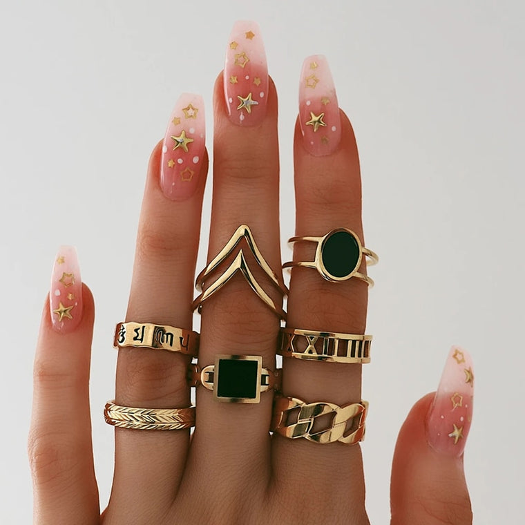 Tocona 7Pcs/set Women Gold Color Rings Vintage Midi Finger Rings Black Rhinestone Letter Ring Set Party Bague Femme 9808