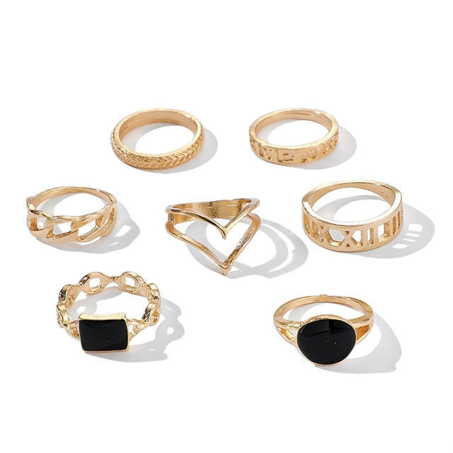 Tocona 7Pcs/set Women Gold Color Rings Vintage Midi Finger Rings Black Rhinestone Letter Ring Set Party Bague Femme 9808