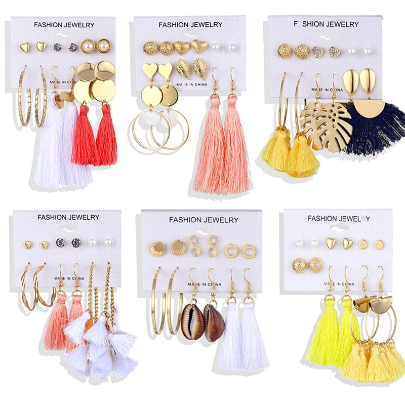 ALIUTOM Boho Tassel Earrings Set Bohemian Long Vintage Geometric Dangle Earrings For Women Brincos Fabric Drop Earring Jewelry