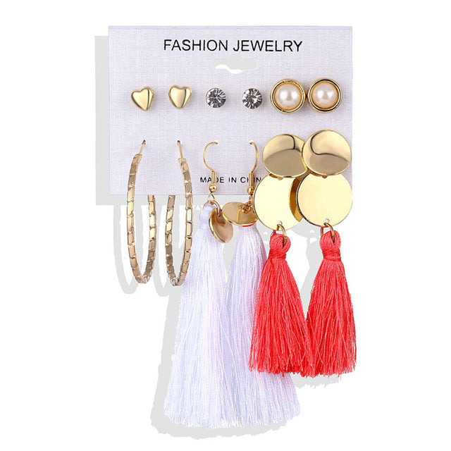 ALIUTOM Boho Tassel Earrings Set Bohemian Long Vintage Geometric Dangle Earrings For Women Brincos Fabric Drop Earring Jewelry
