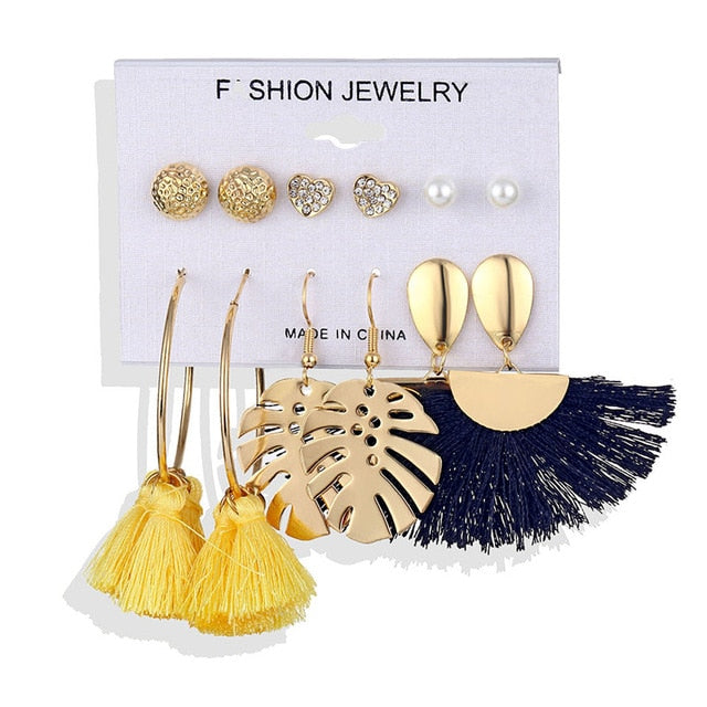 ALIUTOM Boho Tassel Earrings Set Bohemian Long Vintage Geometric Dangle Earrings For Women Brincos Fabric Drop Earring Jewelry