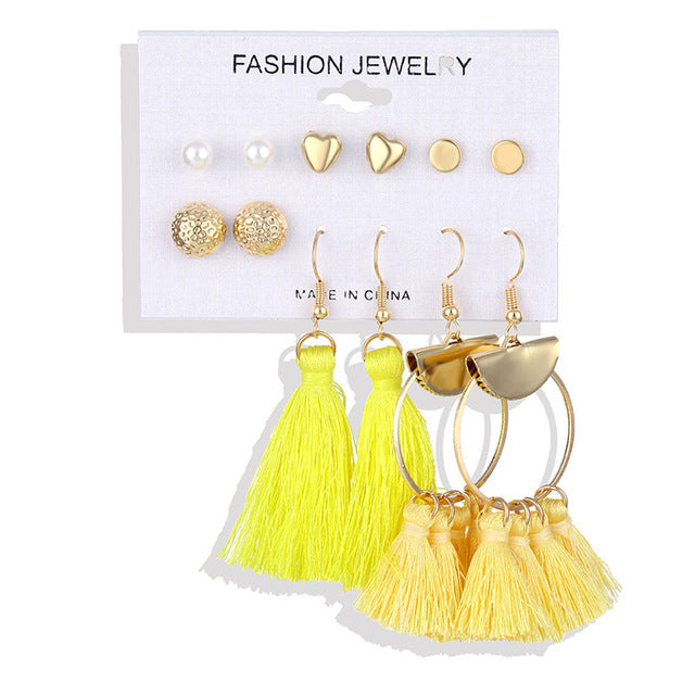 ALIUTOM Boho Tassel Earrings Set Bohemian Long Vintage Geometric Dangle Earrings For Women Brincos Fabric Drop Earring Jewelry