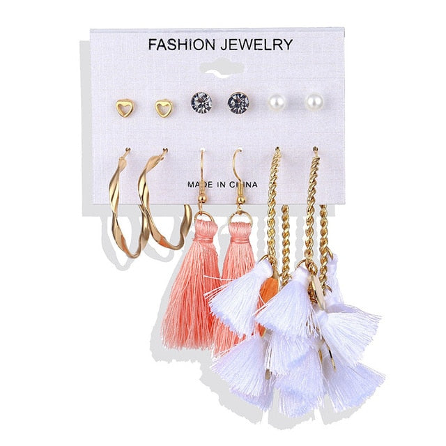 ALIUTOM Boho Tassel Earrings Set Bohemian Long Vintage Geometric Dangle Earrings For Women Brincos Fabric Drop Earring Jewelry