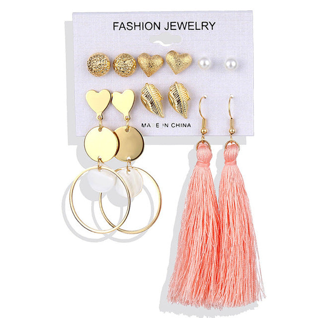 ALIUTOM Boho Tassel Earrings Set Bohemian Long Vintage Geometric Dangle Earrings For Women Brincos Fabric Drop Earring Jewelry