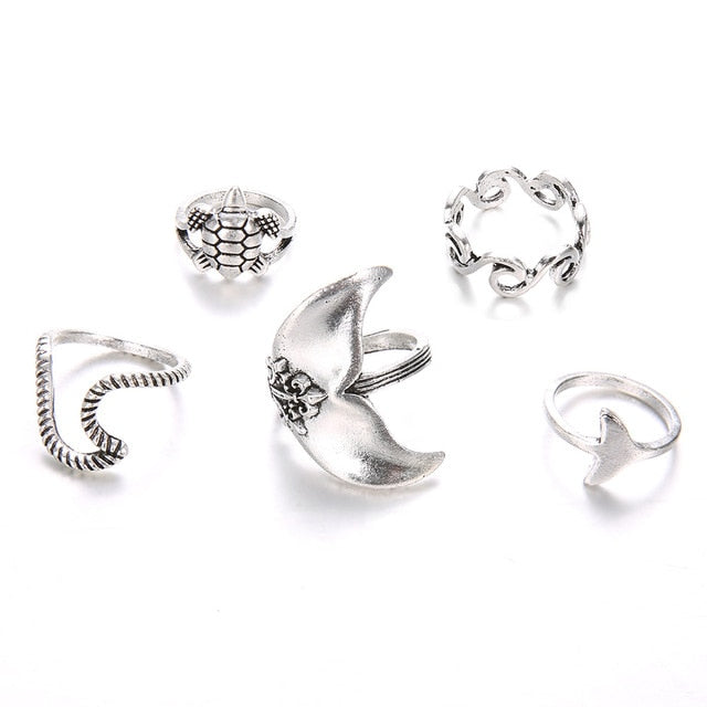 BOYULIGE 5pcs/set Vintage Rings for Women Boho Geometric Turtle Whale Tail Waves Ring Set Knuckle Finger Charm Jewelry