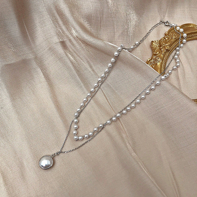 Kpop Fashion Pearl Choker Necklace Women Cute Girl Gold color Double Layer Chain Pearl Pendant Korean Jewelry Woman 2020 Collar
