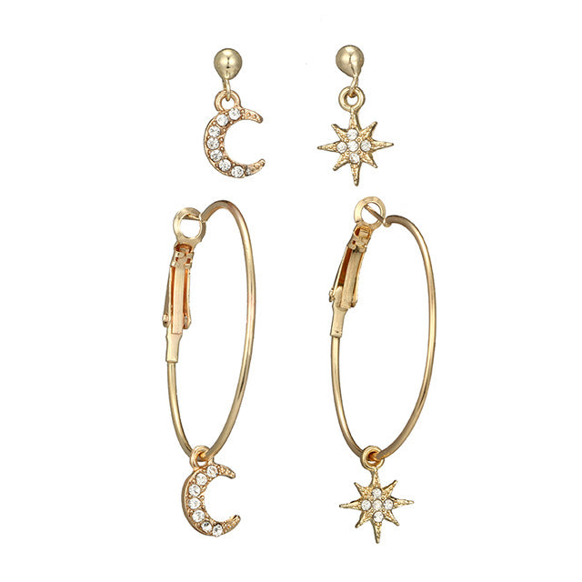 Tocona 4pcs/set Bohemian Star Moon Earring Geometric Crystal Pendant Stud Earring for Women Girl Pericing Earings Jewelry 6505
